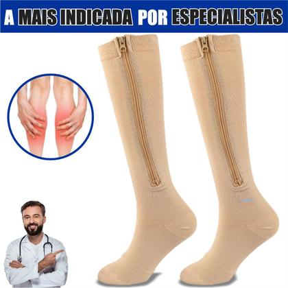Imagem de Meia Cano Alto Para Varizes Trombose Média Compressão Com Zíper Original 