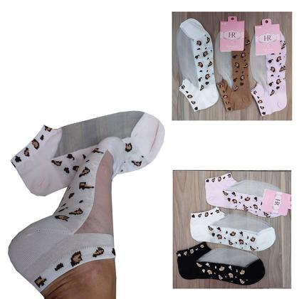 Imagem de Meia Feminina de Tornozelo Transparente com Solado Estampado: Kit 3 Pares Sortidos
