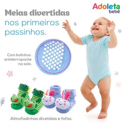 Imagem de Meia Pantufa Antiderrapante Infantil Bebê 6 a 12m Carrinho Adoleta 3D Menino Divertida