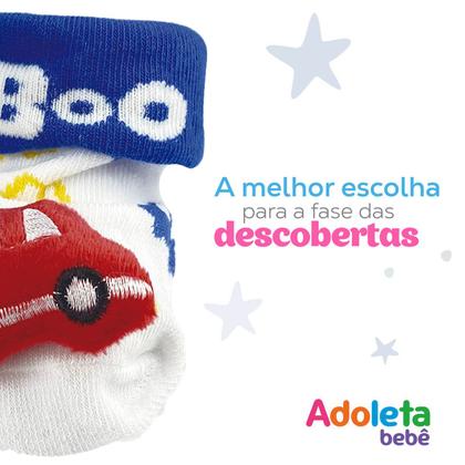 Imagem de Meia Pantufa Antiderrapante Infantil Bebê 6 a 12m Carrinho Adoleta 3D Menino Divertida