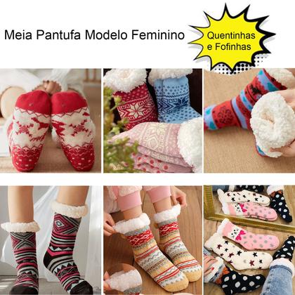 Imagem de Meia Pantufa Inverno Feminino: Kit com 5 meias sortidas Tamanho Único Antiderrapante