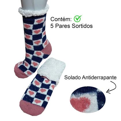 Imagem de Meia Pantufa Inverno Feminino: Kit com 5 meias sortidas Tamanho Único Antiderrapante