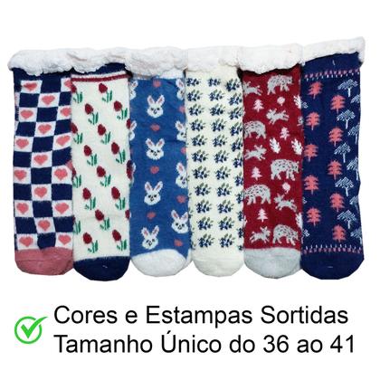 Imagem de Meia Pantufa Inverno Feminino: Kit com 5 meias sortidas Tamanho Único Antiderrapante