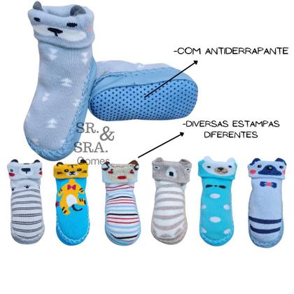Imagem de Meia sapatinho para bebes e crianças com antiderrapante quentinha vários desenhos infantis para menino prática de