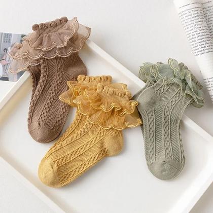 Imagem de Meias De Algodão Com Babados Para Meninas, 3 Pares, Verão, Bebê, Crianças, Branco, Preto, 1-10 Anos