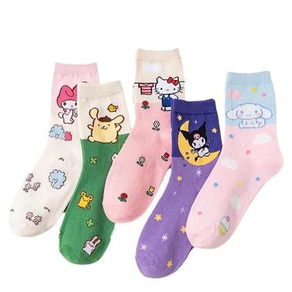 Imagem de Meias Femininas Hello Kitty - 5 Pares de Meias Fofas com Desenhos Coreanos - Presente Sanrio