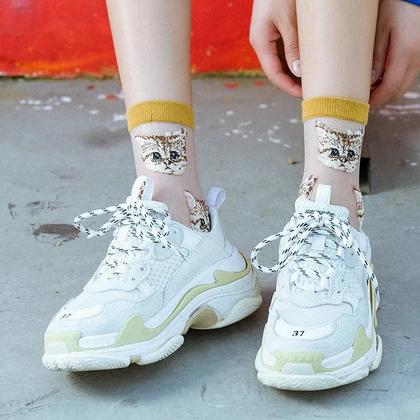 Imagem de Meias Transparentes De Gato Kawaii Para Mulheres Moda Japonesa Coreana Verão Fina De Fibra De Vidro