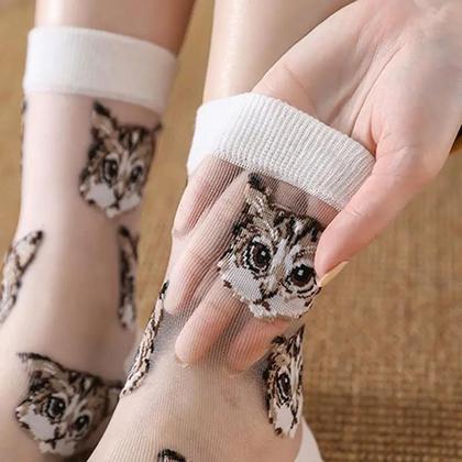 Imagem de Meias Transparentes De Gato Kawaii Para Mulheres Moda Japonesa Coreana Verão Fina De Fibra De Vidro