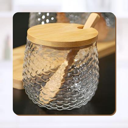 Imagem de Meleira Mel Pote Vidro Tampa Colher 3pçs Açucareiro Bambu - Dolce Home