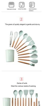 Imagem de Melhor silicone cozinhar utensílio conjunto de madeira lidar com espátula sopa colher escova concha VERDE