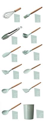 Imagem de Melhor silicone cozinhar utensílio conjunto de madeira lidar com espátula sopa colher escova concha VERDE