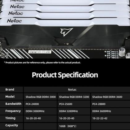 Imagem de Memoria Ram Ddr4 Rgb 16gb Dual (2x8gb) Netac Shadow 3200mhz