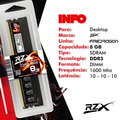 Imagem de Memória RAM Gamer Desktop 8GB 1600MHz 1.5V DDR3 FireDragon - RZX