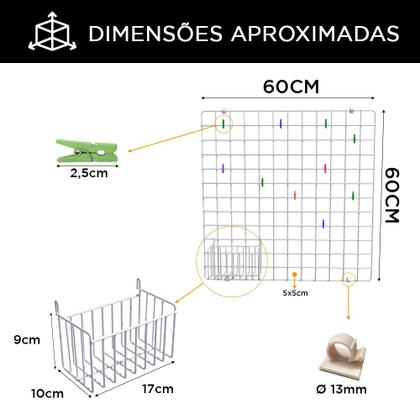 Imagem de Memory Board Painel Fotos Tela Aramada 60x60 Branco + Cesto N17 Prendedores e Clipes