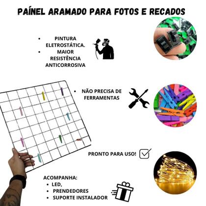 Imagem de Memory Board para Fotos e Recados Com Mini Prendedores + Led e suporte