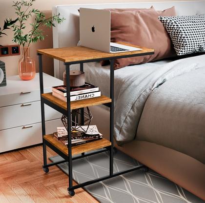Imagem de Mesa Auxiliar Apoio Lateral Aço Com Rodinhas Sofá Notebook
