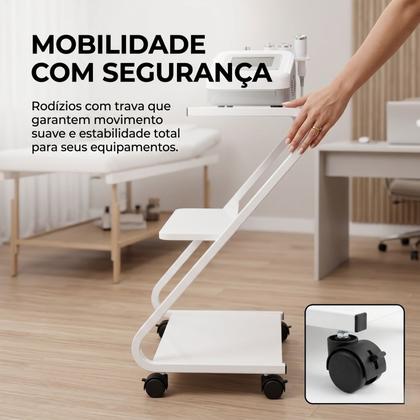 Imagem de Mesa Auxiliar Carrinho Metálico Z com 3 Prateleiras Branca MDF Salão Escritorio Clínica Saúde Estética Domestico