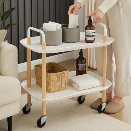 Imagem de Mesa Auxiliar Lateral de Madeira com 2 Prateleiras  Carrinho Organizador Multiuso para Sala, Escritório e Churrasqueira