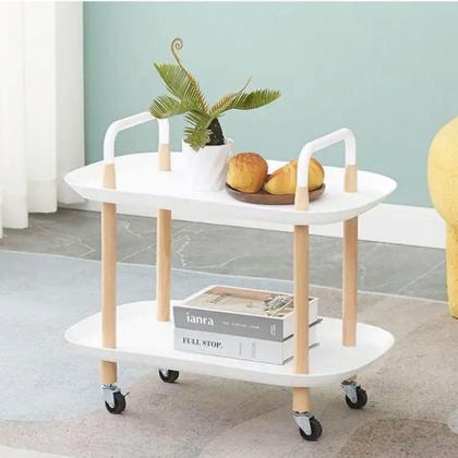 Imagem de Mesa Auxiliar Lateral de Madeira com 2 Prateleiras  Carrinho Organizador Multiuso para Sala, Escritório e Churrasqueira