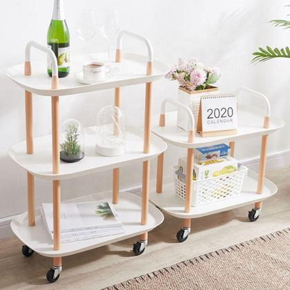 Imagem de Mesa Auxiliar Lateral de Madeira com 2 Prateleiras  Carrinho Organizador Multiuso para Sala, Escritório e Churrasqueira