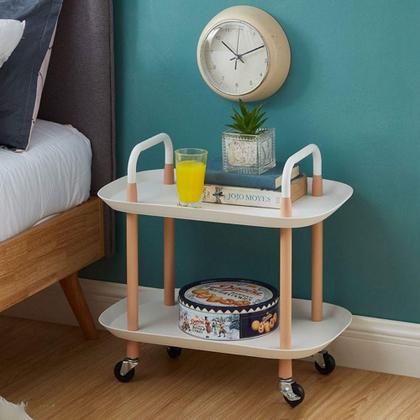 Imagem de Mesa Auxiliar Lateral de Madeira com 2 Prateleiras  Carrinho Organizador Multiuso para Sala, Escritório e Churrasqueira