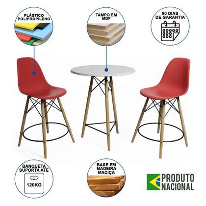 Imagem de Mesa Bistrô Eames Eiffel Branca Com 2 Banquetas Vermelhas De Madeira - Cor: Branco