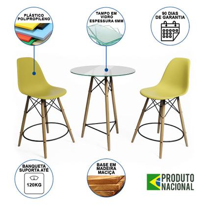 Imagem de Mesa Bistrô Eames Eiffel Vidro com 2 Banquetas Amarelas de Madeira