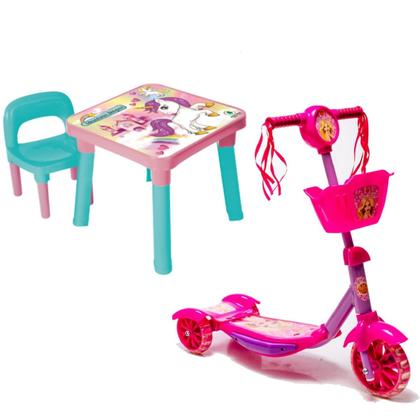 Imagem de Mesa C/Cadeira Infantil Unicórnio +Patinete Belinda Cestinha