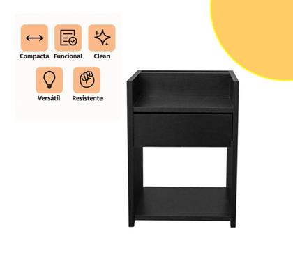 Imagem de Mesa Cabeceira Compacta 32x30x45 Gaveta Nicho Moderna Quarto Preto