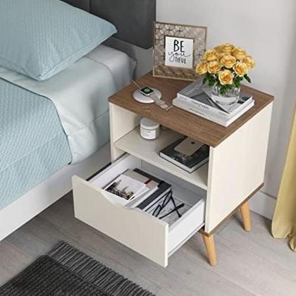 Imagem de Mesa Cabeceira Criado 1 Gaveta Pés Madeira Maciça Logan