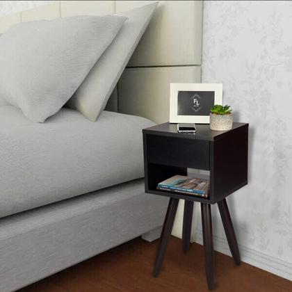 Imagem de Mesa Cabeceira Retrô 30Cm Preto Pés Palito Marrom E Gaveta