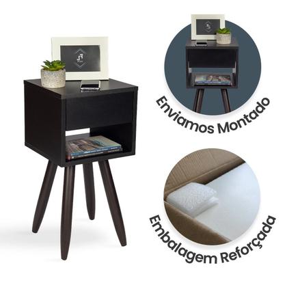 Imagem de Mesa Cabeceira Retrô 30Cm Preto Pés Palito Marrom E Gaveta