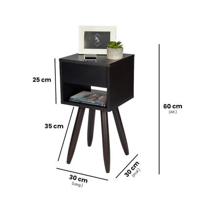 Imagem de Mesa Cabeceira Retrô 30Cm Preto Pés Palito Marrom E Gaveta