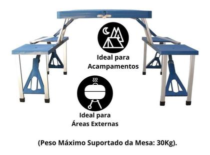 Imagem de Mesa Camping Dobrável Azul 4 Bancos Vira Maleta Praia Pesca