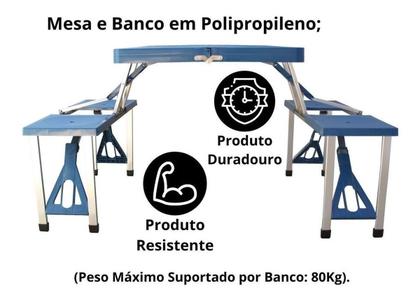 Imagem de Mesa Camping Dobrável Azul 4 Bancos Vira Maleta Praia Pesca