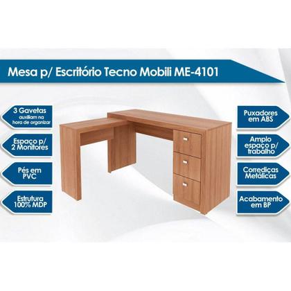 Imagem de Mesa Canto p/Escritório ME4101 c/ 3 Gavetas Nogal - Tecno Mobili