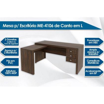 Imagem de Mesa Canto p/Escritório ME4106 c/ 3 Gavetas Nogal - Tecno Mobili