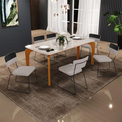 Imagem de Mesa Capri 160 Off White Nature Com 6 Cadeiras Allana B05 Faixa Facto Preto Linho Bege - Lyam Decor