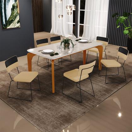 Imagem de Mesa Capri 160cm Off White 6 Cadeiras Allana B05 Faixa Facto Preto Linho Bege Escuro - Lyam Decor