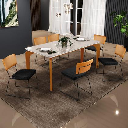 Imagem de Mesa Capri 160cm Off White Com 6 Cadeiras Allana B05 Corano Whisky Linho Chumbo - Lyam Decor