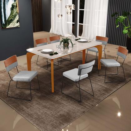 Imagem de Mesa Capri 160cm Off White Com 6 Cadeiras Allana B05 Faixa material sintético Camel Linho Cinza - Lyam Decor