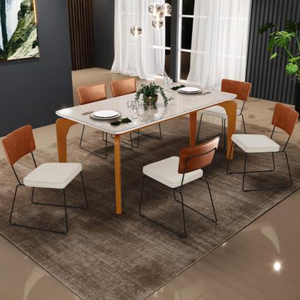 Imagem de Mesa Capri 160cm Off White Com 6 Cadeiras Allana B05 Sintético Camel Linho Champagne - Lyam Decor