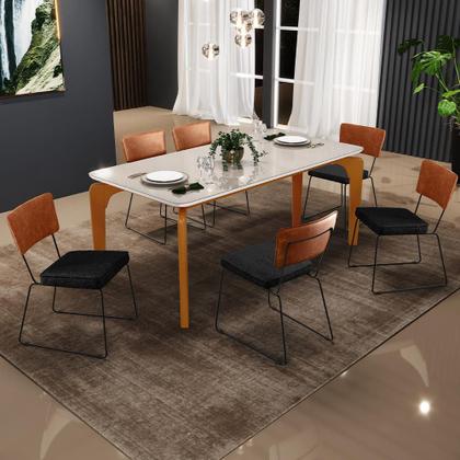 Imagem de Mesa Capri 160cm Off White Com 6 Cadeiras Allana B05 Sintético Camel Linho Chumbo - Lyam Decor