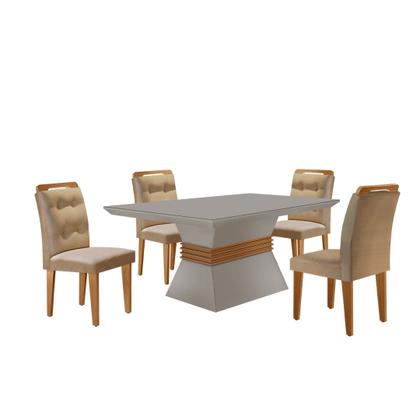 Imagem de Mesa Clarice 120 Tampo MDF Vidro/Canto Reto 4 Cadeiras Valentina Yescasa Bege/Turim/Off White/Imbuia