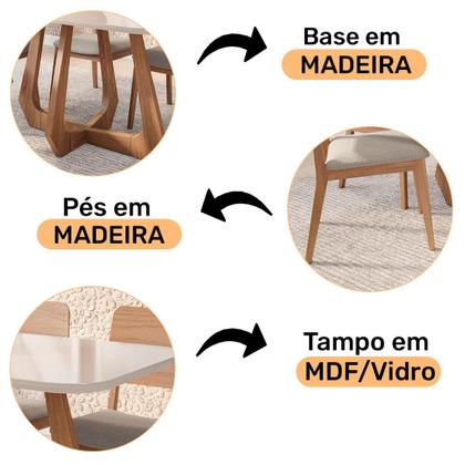 Imagem de Mesa com 4 Cadeiras Damasco Bromelia 1,30 Sala de Jantar Moderna Madeira/Off White/Linho Cinza