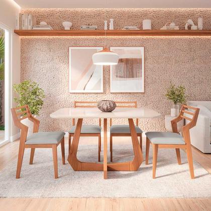 Imagem de Mesa com 4 Cadeiras Damasco Bromelia 1,30 Sala de Jantar Moderna Madeira/Off White/Linho Cinza