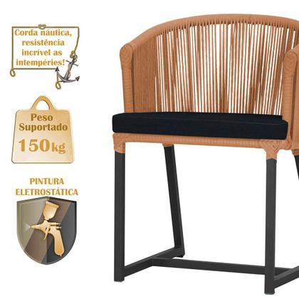 Imagem de Mesa com 4 Cadeiras de Jantar Roma 100cm e Noronha em Aluminío Preto Corda Nautica Estofado 12 Trama Original