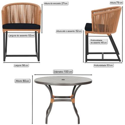 Imagem de Mesa com 4 Cadeiras de Jantar Roma 100cm e Noronha em Aluminío Preto Corda Nautica Estofado 12 Trama Original