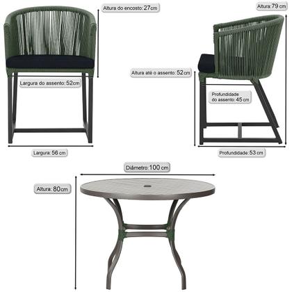 Imagem de Mesa com 4 Cadeiras de Jantar Roma 100cm e Noronha em Aluminío Preto Corda Nautica Estofado 12 Trama Original