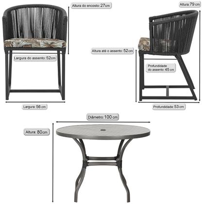 Imagem de Mesa com 4 Cadeiras de Jantar Roma 100cm e Noronha em Aluminío Preto Corda Nautica Estofado 6 Trama Original